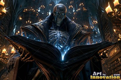 A robed skeleton reads a large spellbook lit with blue light in a dark library