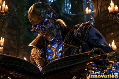 Reading an open book, a skeleton wearing round glasses leans near candlelight