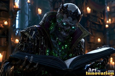 A crowned skeleton in dark robes reads an open book with green light