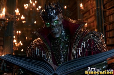 Wearing a dark crown, a crowned skeleton in robes reads a large open book by candlelight