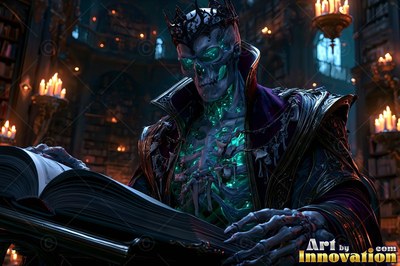 A crowned skeleton reads an open book with green light shining inside its chest