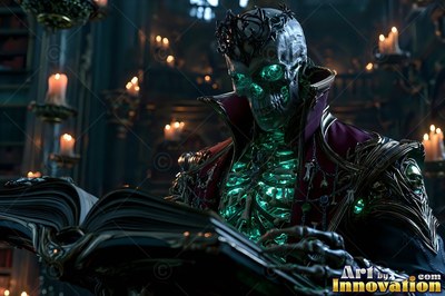 Hunched over in a candlelit room, a crowned skeleton reads an open book
