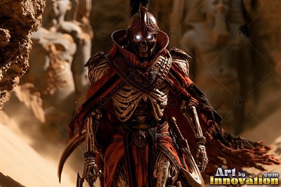 A skeleton warrior in a bronze helmet and red cape stands in a sunny desert canyon