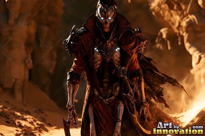 In a sandy ruin, a plate-wearing skeleton stands wearing a tattered red coat