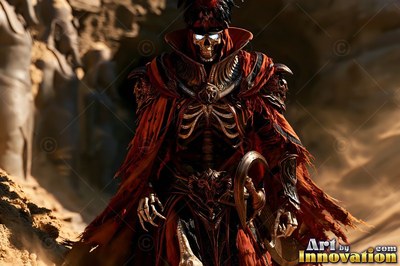 Standing in desert sand, an undead warrior wears tattered red robes and shadowy armor