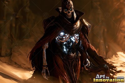 A cloaked skeleton stands in the dark holding a curved blade