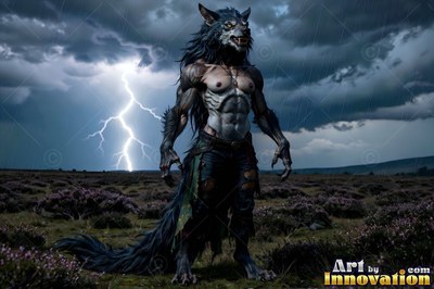 In a stormy field, a werewolf stands upright under a flash of lightning