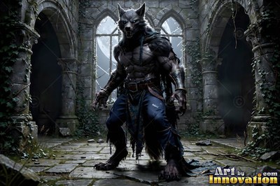 Standing in stone ruins, a werewolf in tattered blue pants snarls under moonlight