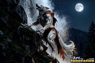White werewolf climbing wet rocks beside a waterfall under a full moon