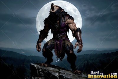 Wearing a ragged purple tunic, a werewolf howls on a rocky cliff under a pale bright round moon