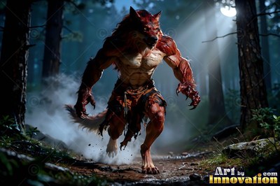 A reddish-brown werewolf runs forward on a forest path under cool blue moonlight