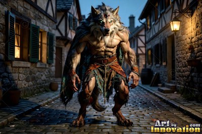 Standing on a cobblestone street, a werewolf wears torn clothes at night