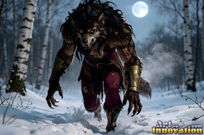 A werewolf in torn red pants stalks through deep snow in birch woods under a whole moon