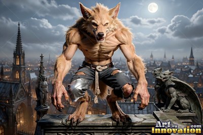 On a gothic rooftop at night, a tan werewolf squats low in torn pants