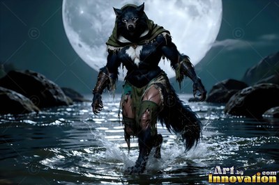 Wading through dark water, a hooded werewolf stalks forward under a large round night moon