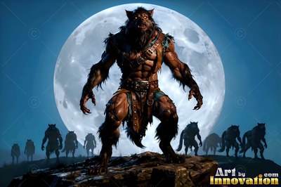 A muscular werewolf crouches on rocks before a large bright round moon
