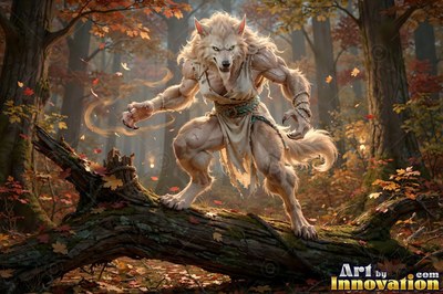 Dressed in a ragged cloth tunic, a muscular werewolf hunkers down on a fallen log in autumn woods
