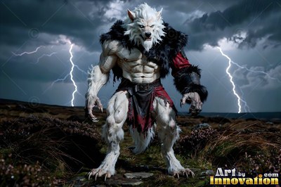 A white-furred werewolf stands on a dark moor as pale lightning flashes behind it