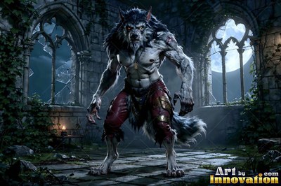 Standing upright on stone ruins, a gray werewolf wearing torn red pants under the moon