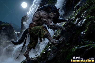 A werewolf in green pants climbs wet rocks by a waterfall under a round night moon