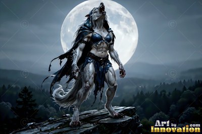 On a dark rocky cliff, a white-furred werewolf howls before a round night moon