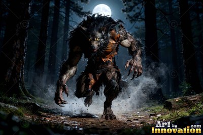Stalking forward on a dark forest path, a furry werewolf prowls beneath the moon