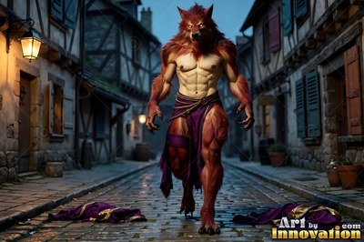 Muscular werewolf in purple loincloth walking on a cobblestone street