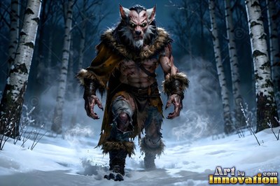 A fur collar wraps the shoulders of a werewolf walking through a snowy birch forest at night