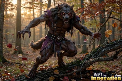 A werewolf hunkers down on a fallen log in an autumn woods in pale morning sunlight