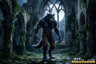 Stalking forward inside stone ruins, a gray werewolf wears torn pants
