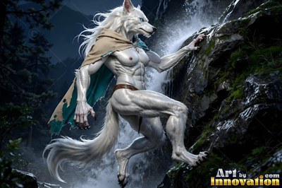 A white werewolf in a torn cape climbs wet dark rocks beside a waterfall