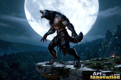 On a rocky cliff, a dark werewolf howls before a round white moon