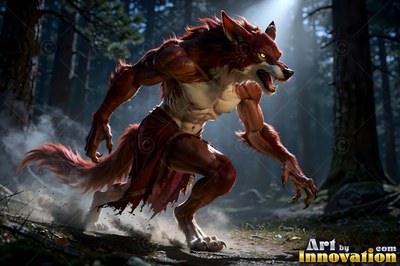 Stalking through a misty forest, a red-furred werewolf snarls in the pale light