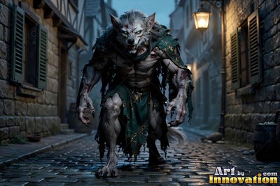 Werewolf prowling a cobblestone alley in torn green clothes
