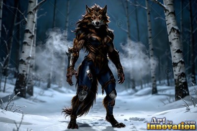 Torn blue pants cling to a werewolf standing upright in a snowy birch forest at dusk