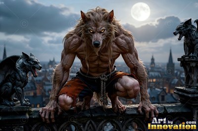 A werewolf crouches on a stone roof beside gargoyles under a bright white moon