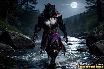 Walking forward in a shallow stream, a werewolf wears purple robes under the moon