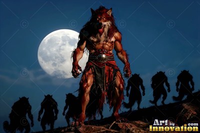 A muscular red werewolf stands on a dark hill before a bright round moon