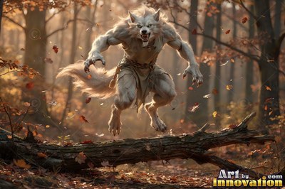 In an autumn forest, a pale werewolf leaps over a fallen log with claws bared