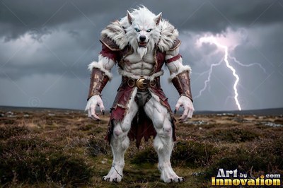 Standing under stormy skies with lightning, a light-furred werewolf wears brown leather armor