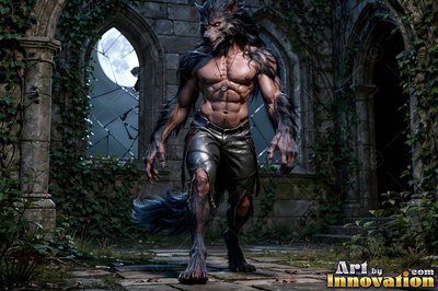 A werewolf in torn pants walks through overgrown stone ruins