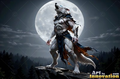 Draped in tattered blue cloth, a werewolf with white fur howls atop a cliff under a round moon