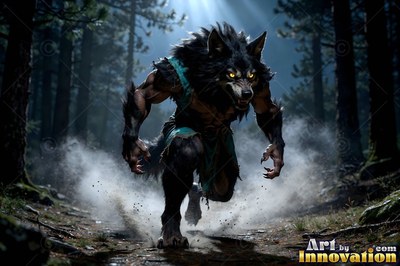 A werewolf charges along a dirt forest path under cool blue moonlight