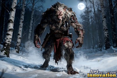 Crouching low in a snowy forest, a werewolf creeps forward under the round moon