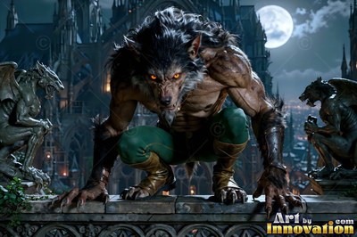 A muscular werewolf in green pants crouches on a stone roof under the bright round moon