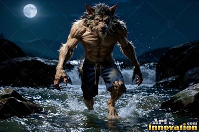 In a rushing river, a muscular werewolf in torn shorts wades forward under a full moon