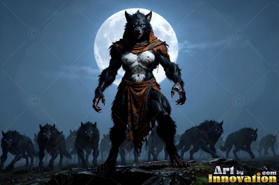 Standing under a round night moon, a werewolf in torn cloth leads a pack of black wolves