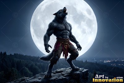 Werewolf howling on a rock in front of a full moon