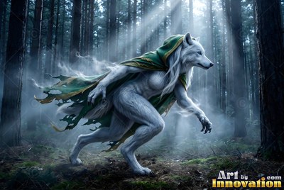 A green hooded cape trails behind a werewolf with white fur stalking through a foggy pine forest