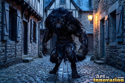A werewolf crouches in a dark cobblestone alley lit by a warm yellow lantern